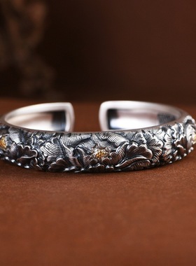 手工复古做旧牡丹足银999手镯