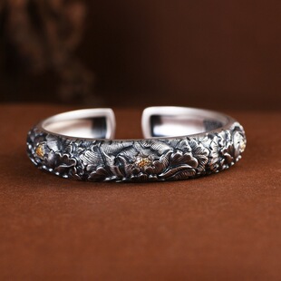 手工足银999牡丹花手镯女开口复古做旧民族风纯银镯子立体浮雕