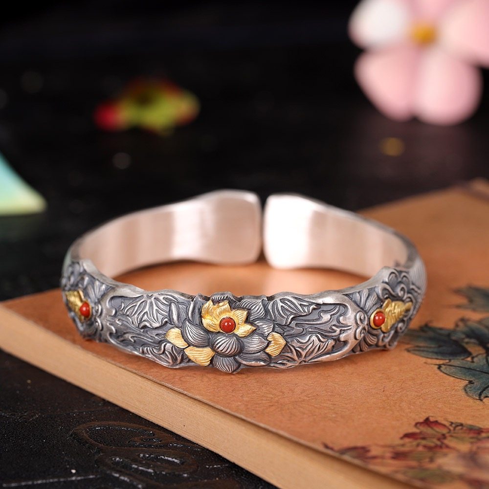 纯手工足银999佛手莲花手镯开口镶金中式纯银镯子复古民族风礼物