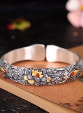 纯手工足银手镯佛手莲花錾刻礼物