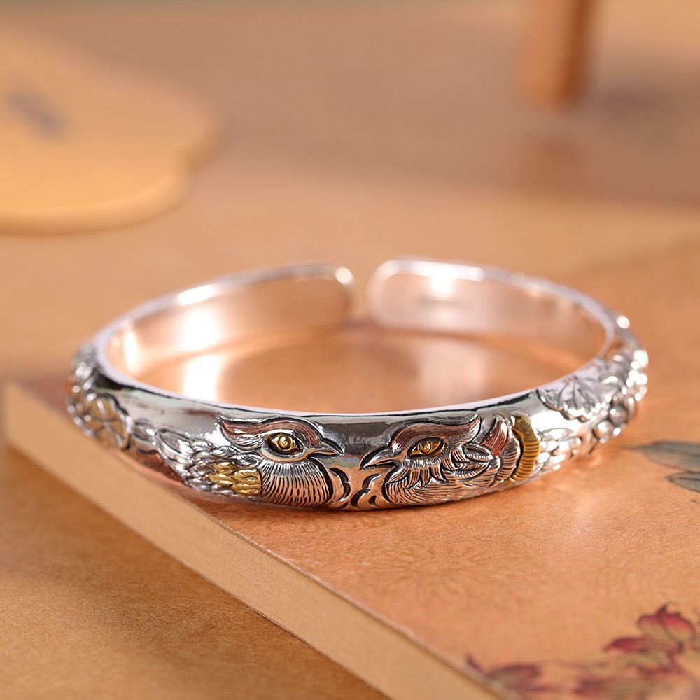 鸳鸯戏水手工足银9999手镯礼物