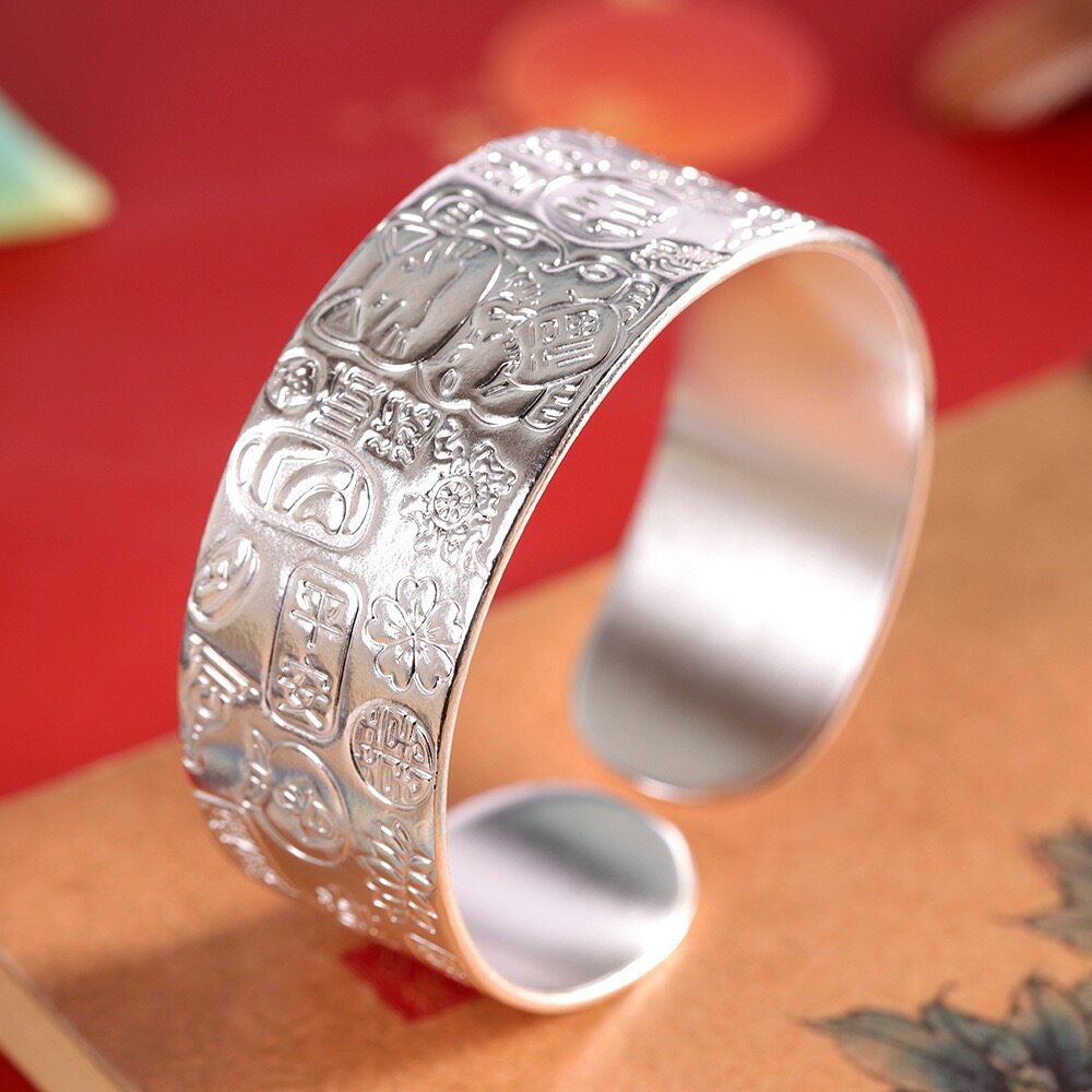 古法足银9999吉言招财猫手镯女开口宽版复古大气纯银镯子时尚礼物