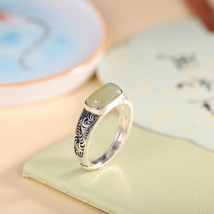 精致925纯银天然和田玉戒指女开口复古做旧时尚指环简约镶嵌饰品