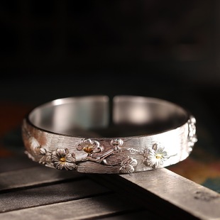 喜鹊登梅足银9999梅花手镯女开口中式国风纯银镯子简约轻奢礼物