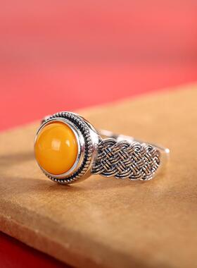 S925纯银蜜蜡编织戒指