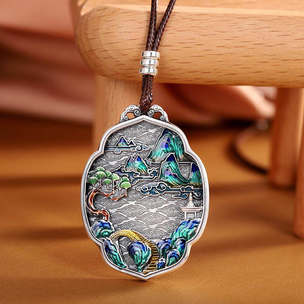 山水如画999足银吊坠女复古做旧民族风烧蓝纯银项链中国风毛衣链