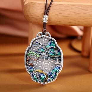 山水如画999足银吊坠女复古做旧民族风烧蓝纯银项链中国风毛衣链