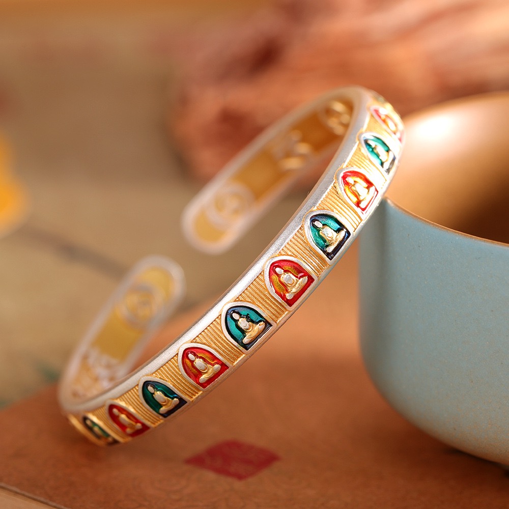 无相佛足银9999珐琅手镯礼物