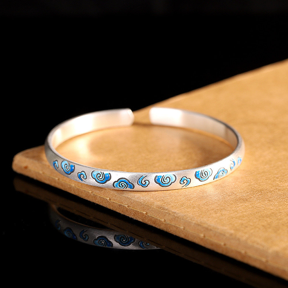 古法9999纯银祥云手镯女开口烧蓝复古民族风足银手环简约气质时尚
