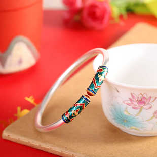 古典足银999珐琅手镯女开口复古中国风磨损重工纯银镯子礼物实心