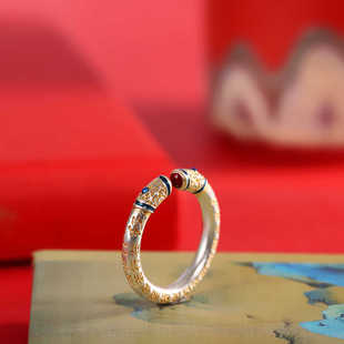 古法描金999足银唐草纹戒指女心经复古民族风纯银指环国风时尚