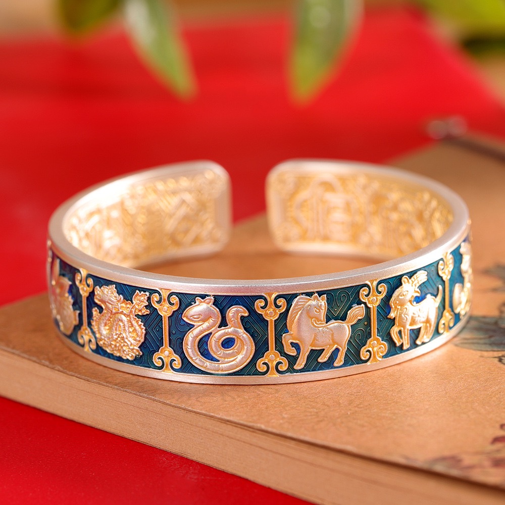 福字足银9999十二生肖手镯女开口描金珐琅彩纯银镯子复古民族风