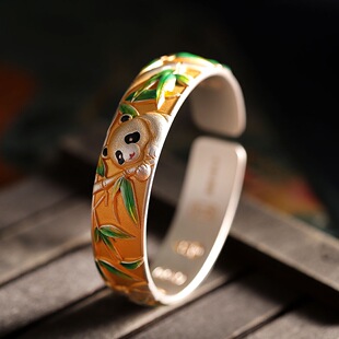 节节高升足银9999熊猫竹子手镯女开口国风吉言纯银镯子民族风礼物