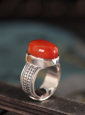 时尚大气S925纯银南红戒指礼物