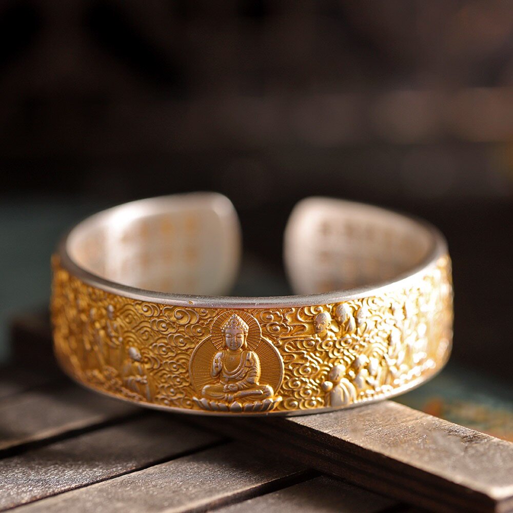 万佛朝宗足银9999描金手镯开口复古国风中式纯银镯子宽版百福礼物