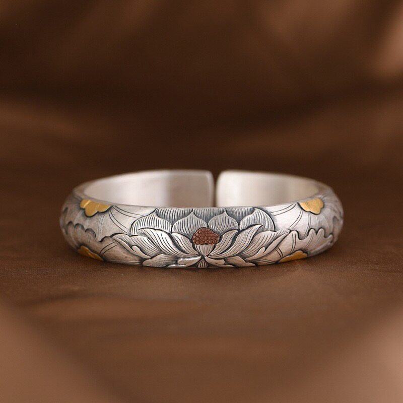 手工足银999莲花手镯女开口宽版加厚镶金纯银镯子复古民族风礼物