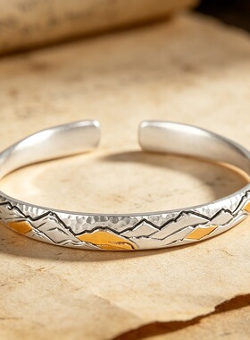 复古做旧山水竹叶足银999手镯