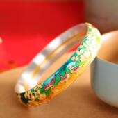 松风鹤影足银9999珐琅彩手镯女闭口复古国风纯银镯子送长辈礼物