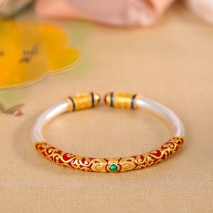 重工古法足银9999珐琅彩花丝手镯女开口实心纯银镯子复古国风礼物