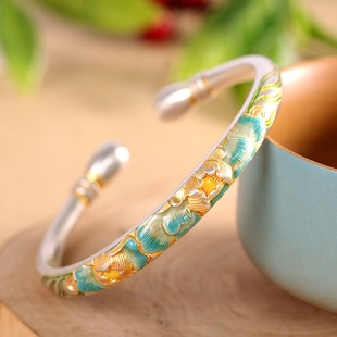 富贵牡丹花足银9999手镯女开口珐琅彩纯银镯子手环国风生日礼物