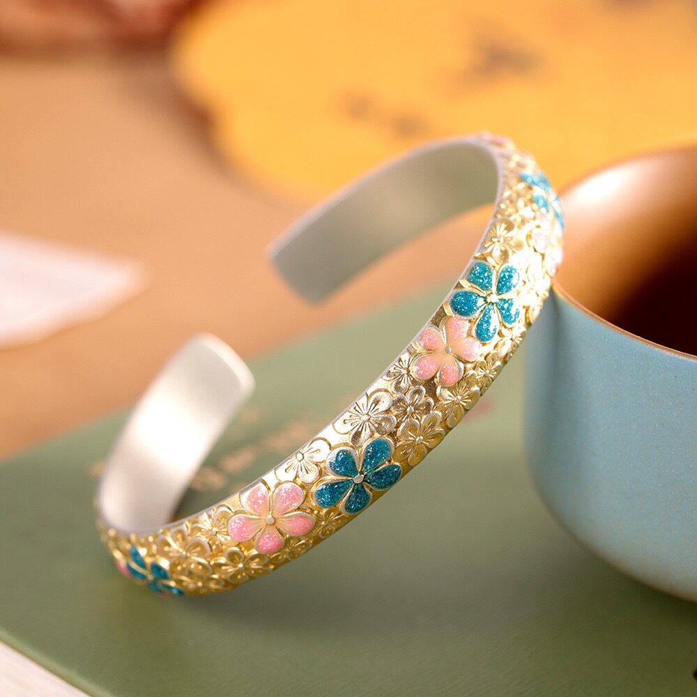 繁花足银9999手镯女开口实心珐琅彩樱花纯银镯子国风时尚生日礼物