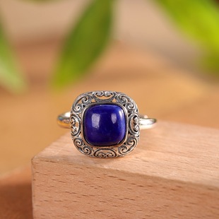 气质S925纯银青金石方形戒指女开口复古做旧国风指环百搭典雅饰品