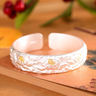 富贵牡丹花足银9999手镯女开口立体雕刻古法纯银镯子复古国风礼物