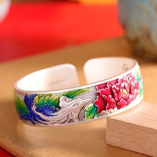 富贵牡丹足银9999凤凰手镯女开口中式大气纯银镯子珐琅妈妈款礼物