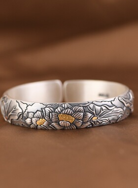 纯手工999足银浮雕镶金莲花手镯