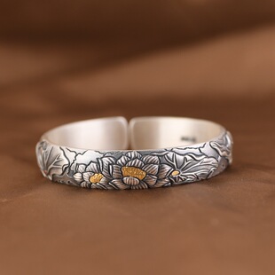 手工999足银莲花镶金手镯女开口宽版复古民族风轻奢纯银镯子礼物