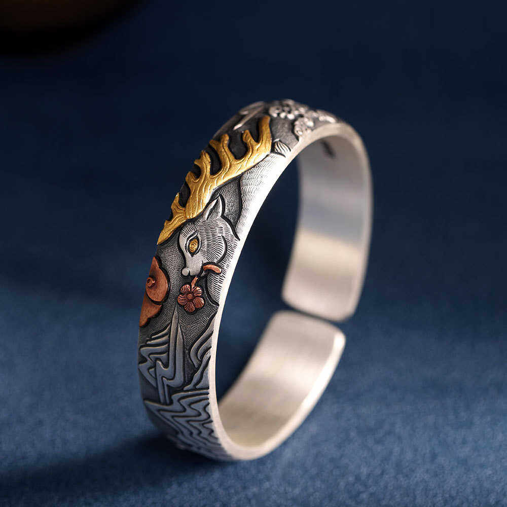 轻奢手工999足银逐鹿敦煌手镯女开口宽版复古民族风纯银妈妈礼物