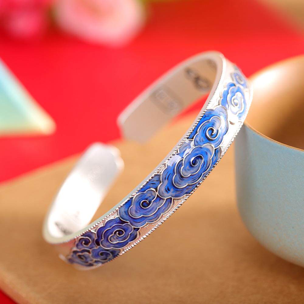 古典足银9999祥云手镯女开口复古中式国风云朵珐琅纯银镯子礼物
