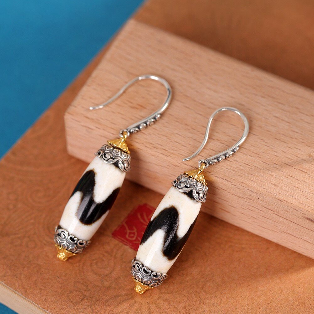 整体925纯银天珠耳环女复古民族风藏式天然玛瑙耳饰做旧风耳钩