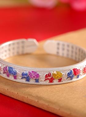 百福吉象足银9999珐琅手镯