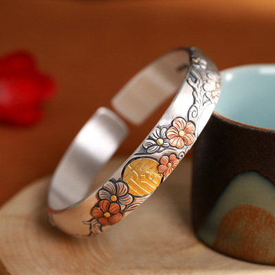 纯手工足银999梅花手镯妈妈礼物