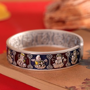 佛家八宝足银9999珐琅彩手镯女开口浮雕纯银镯子复古民族风实心