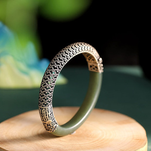 吉祥如意925纯银天然青玉手镯女活扣复古文艺做旧民族风贵妃镯