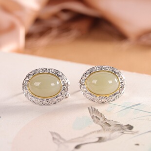 时尚S925纯银和田玉耳扣女简约优雅椭圆耳钉复古大气百搭镶嵌耳饰