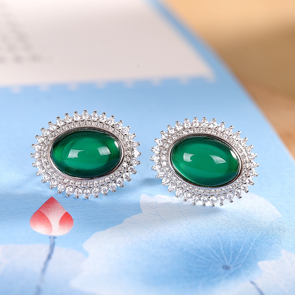 时尚S925纯银绿玛瑙耳扣女气质优雅镶嵌耳钉玉髓轻奢耳饰通勤百搭