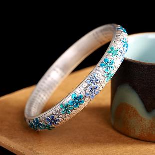 繁花心经9999足银手镯闭口复古做旧珐琅纯银镯子送妈妈奶奶款礼物