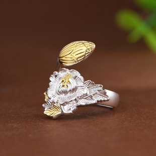 古典足银999富贵牡丹花戒指女开口复古国风纯银指环中式气质礼物