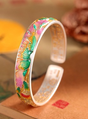 国风珐琅彩莲花开口足银9999手镯