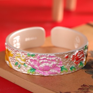 国风大气足银9999富贵牡丹手镯女开口宽版纯银珐琅民族风妈妈礼物