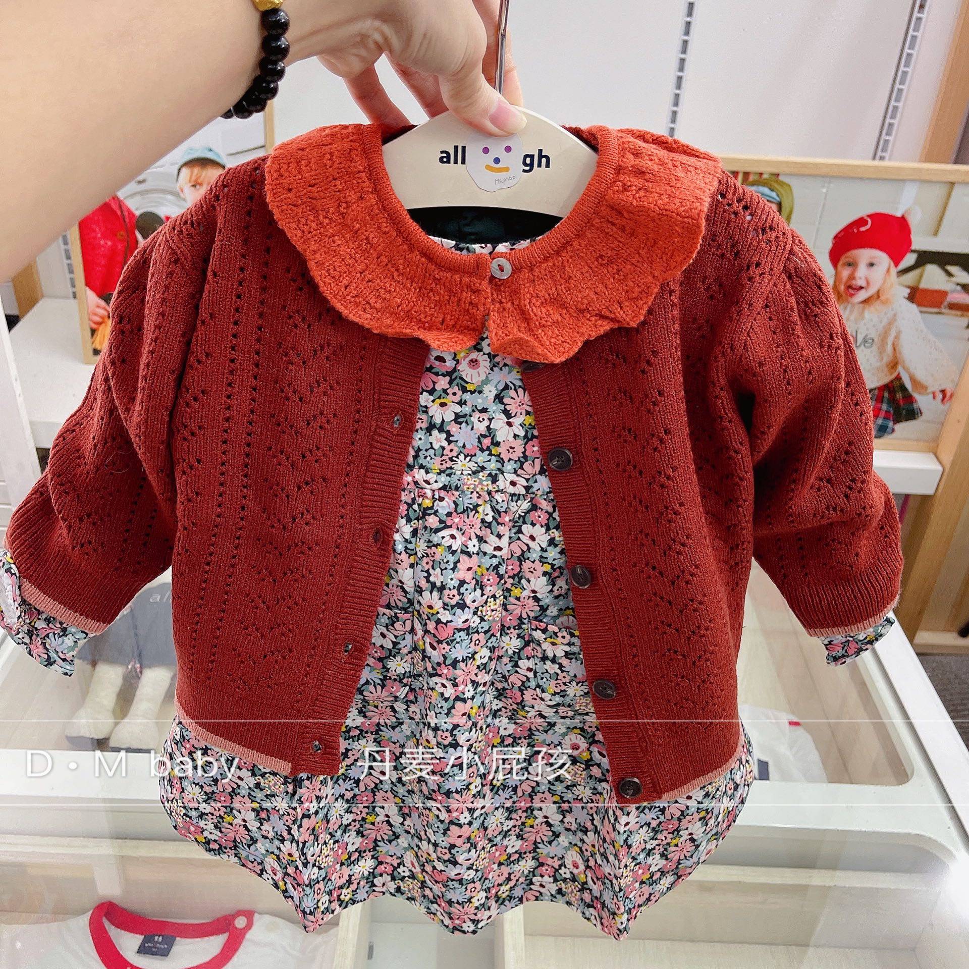 韩国中小童装 21春秋女童宝棕红色泡泡袖洋气针织毛衣开衫 线衣a6