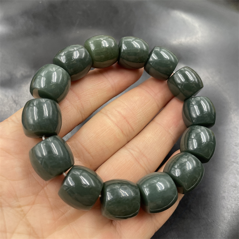 四海玉器 天然正品和田玉青玉老型珠手链 筒珠手串