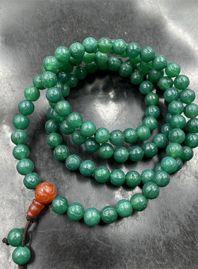 四海玉器 8mm108颗绿色回纹雕花玛瑙毛衣链 佛珠念珠 可缠绕手串