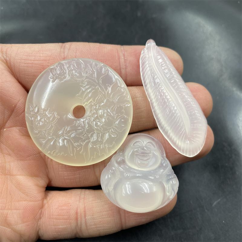 冰种白玉髓羽毛吊坠 白色玛瑙花开富贵平安扣挂件 冰白色玉佛挂件