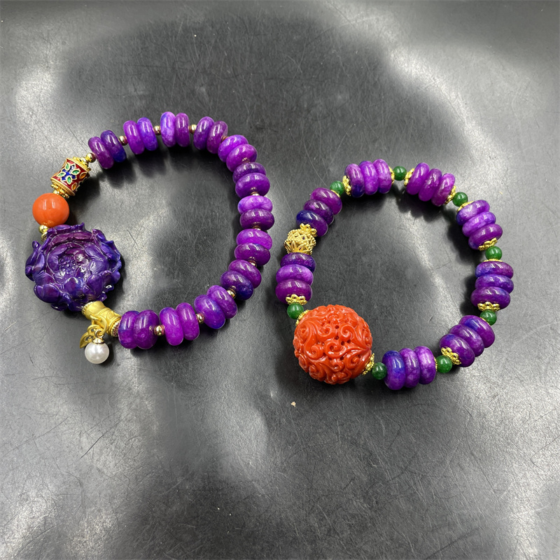 女式紫色舒俱来平安扣手链 手串 紫色花朵手串 舒俱来老型珠手链