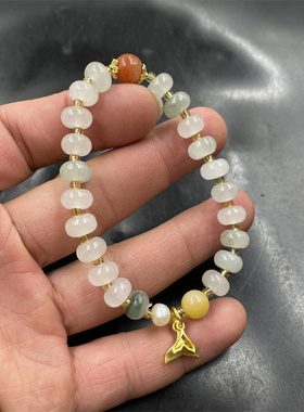 四海玉器 天然正品白底青天山翠玉平安扣手链 女款玉石小手串