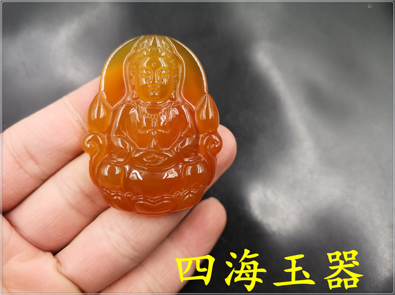 四海玉器 天然正品红玛瑙观音吊坠 浅红色玉髓大观音挂件 特价